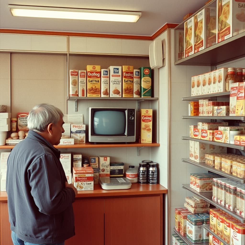 Two neighbours talk at a small shop counter with a switched-off television on a shelf behind them.
