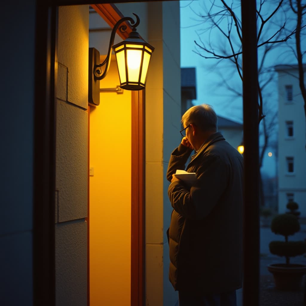 A resident checks a shared apartment letterbox at dusk while a streetlamp glows outside.