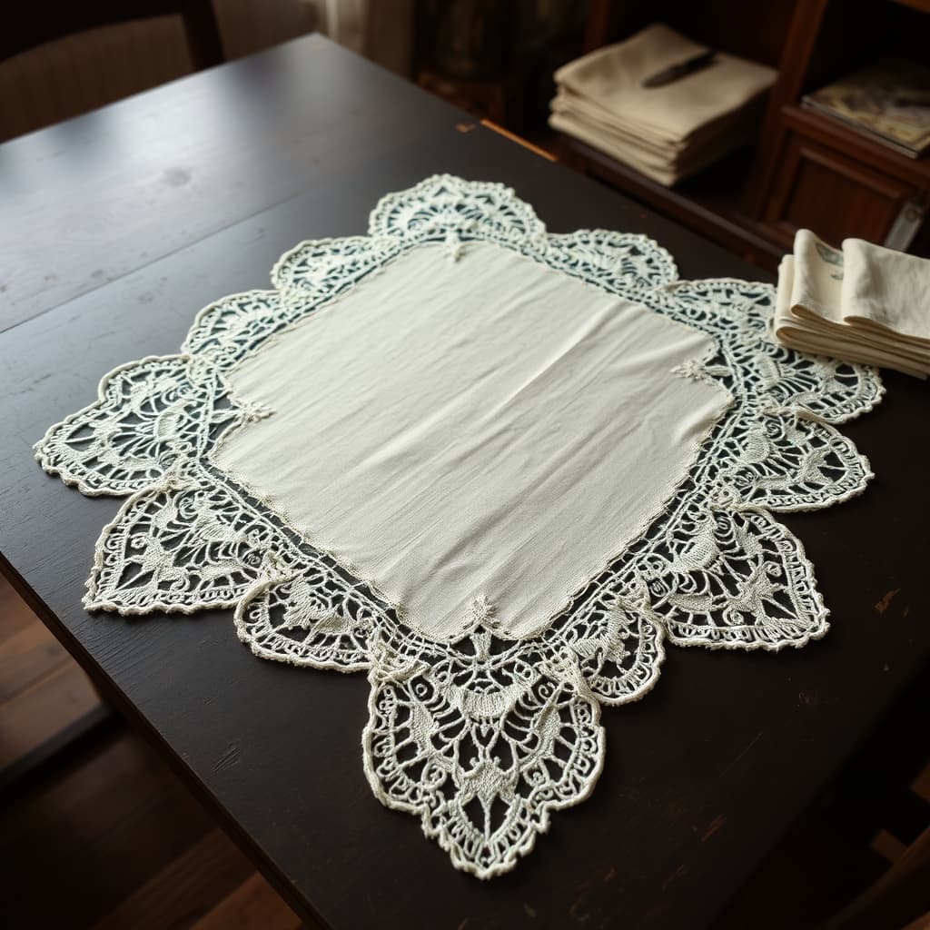 A cream lace cover lies flat on a dark wooden table with its centre and scalloped border visible.