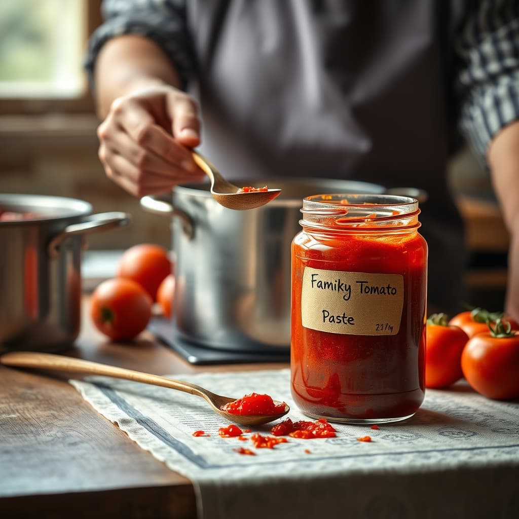 A cook measures a spoonful of tomato paste from a glass jar beside a simmering family meal.