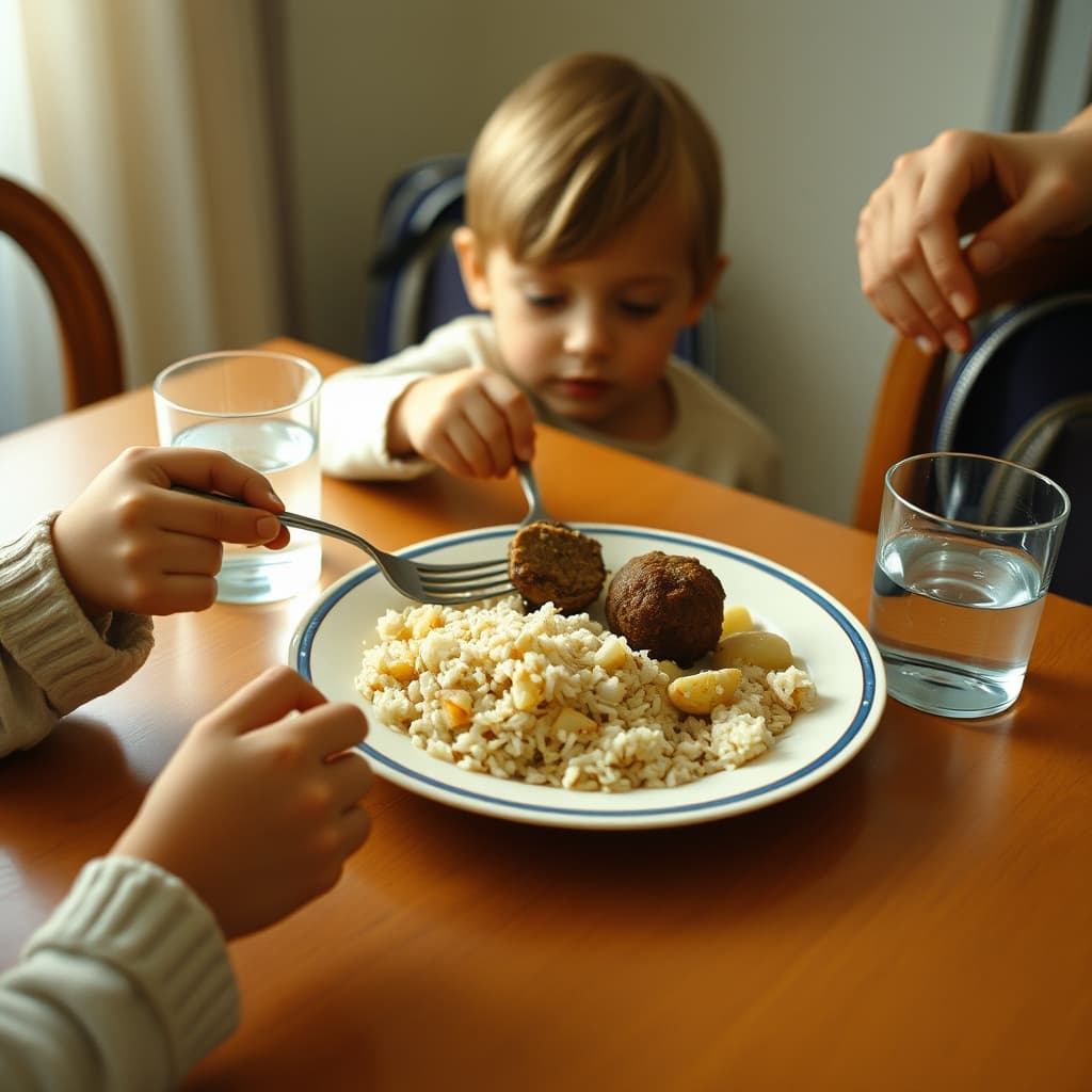 A child reaches toward homemade köfte with rice and potatoes while an adult sets a water glass on the table.