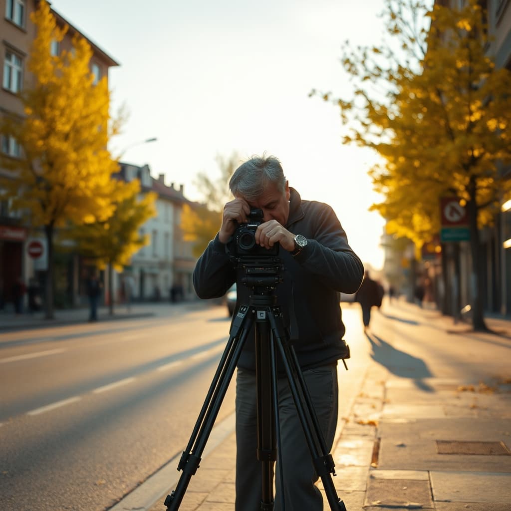 A city photographer frames a yellow-leaf street in warm late-afternoon light with a tripod camera.