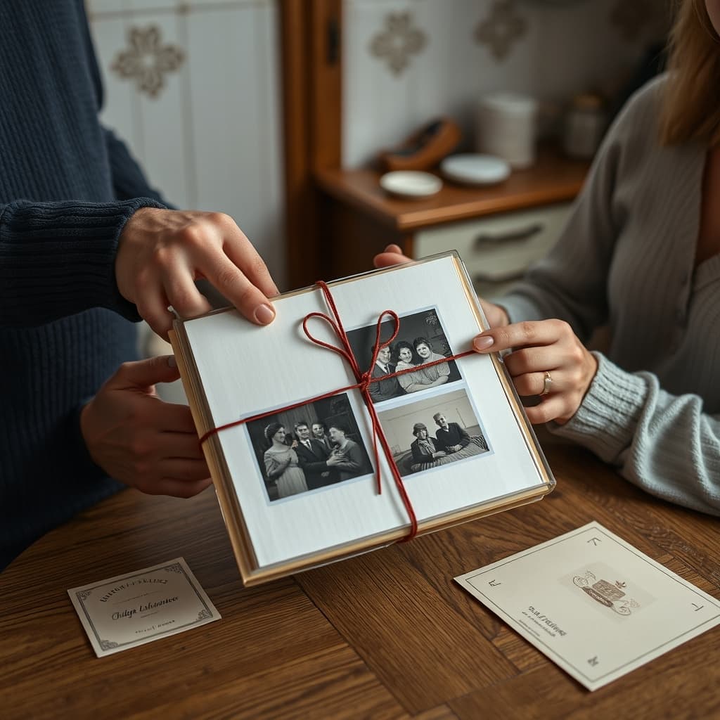 An older adult carefully hands a ribbon-tied family album to a younger adult across a kitchen table.