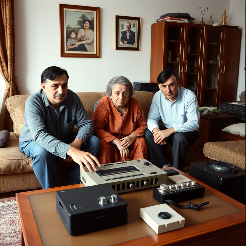 Three relatives listen attentively to playback from a cassette recorder on a low living-room table.