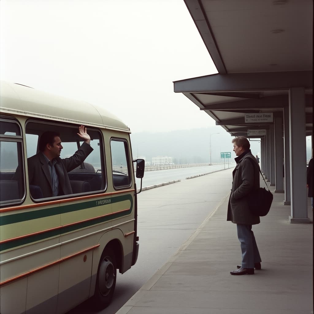 A traveller waves through the window of a stationary coach to a companion in the terminal waiting area.