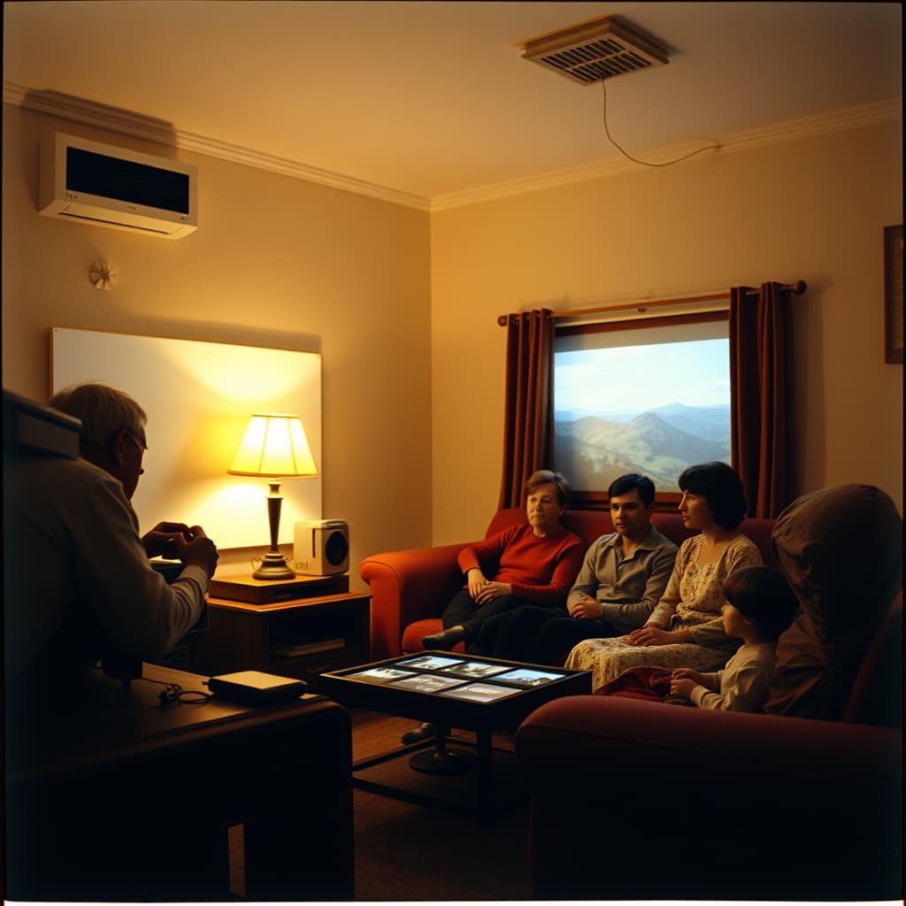 An adult adjusts a slide projector while a family waits for a landscape on the wall to become clear.