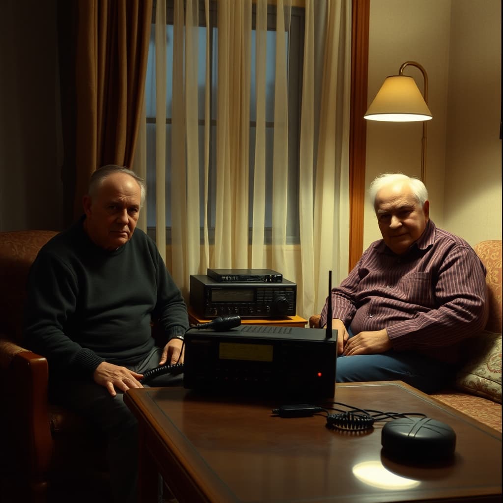 An amateur radio operator and two relatives listen quietly beside a radio set with its microphone resting on the table.