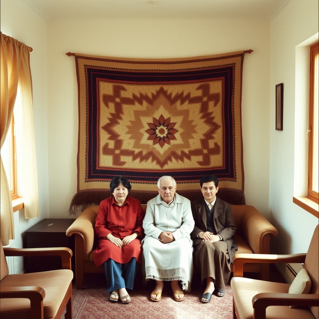 Family members sit in a modest sitting room with a geometric woven wall hanging behind them.