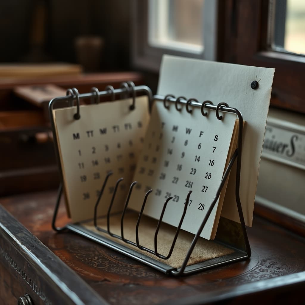 An empty vintage calendar holder rests beside a household chest with its worn fittings visible.