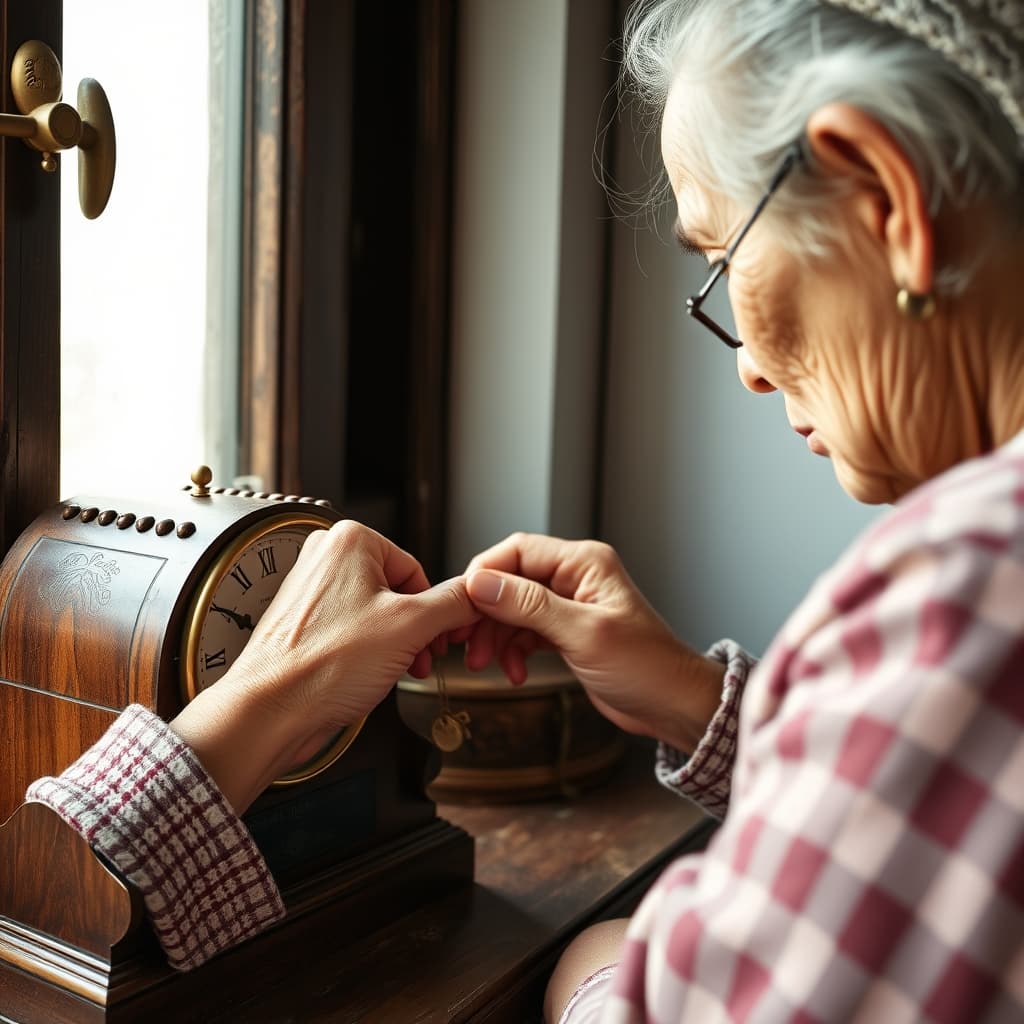 Hands place a worn brass winding key in a small box beside a mantel clock.