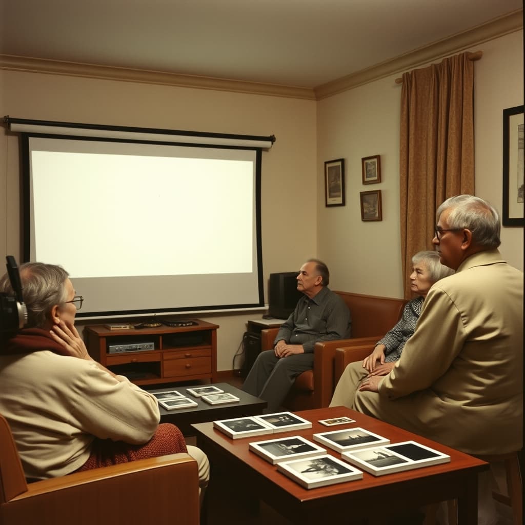 A family faces a pale projection screen while an operator sits beside a slide projector and mounted slides.