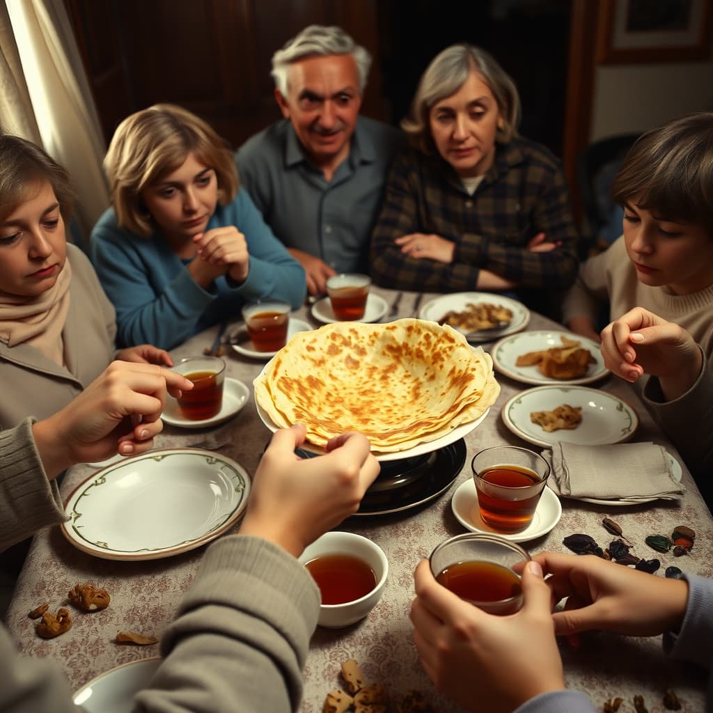 Hands place another plate of gözleme on a family table beside an empty serving plate and tea glasses.