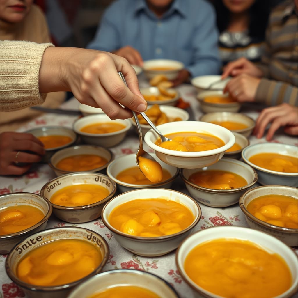 A serving spoon divides soft amber pelte from a shared ceramic dish into small bowls at a family table.