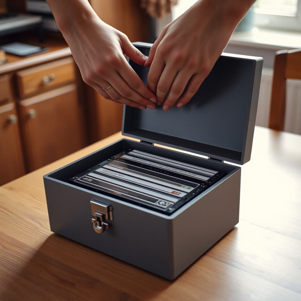 Hands close a worn cassette storage box with a replacement latch and neatly arranged cassette cases inside.
