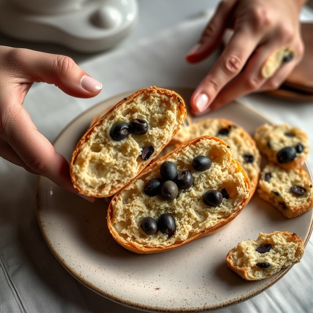 Hands divide a piece of olive çörek, revealing dark olive fragments in the crumb above a ceramic plate.