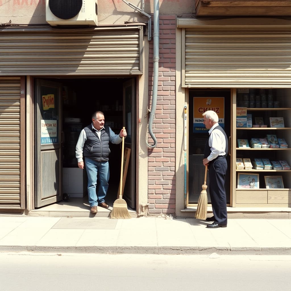 Two shopkeepers exchange a morning greeting from separate neighbourhood shop doorways.