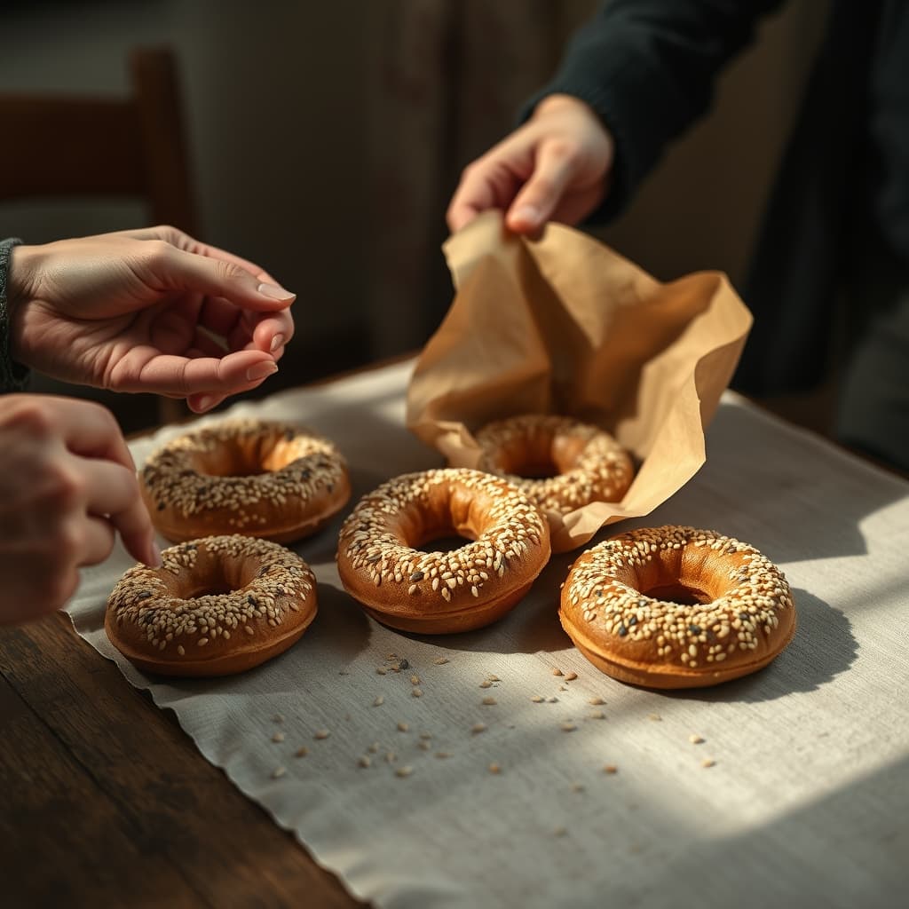 Hands unfold brown paper around sesame-covered simit rings and pass a broken piece across a home table.
