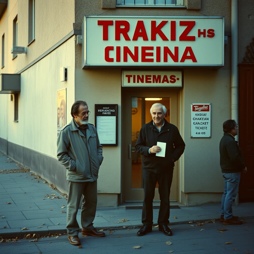 Two friends meet beside a cinema ticket queue, one holding tickets in an evening street scene.