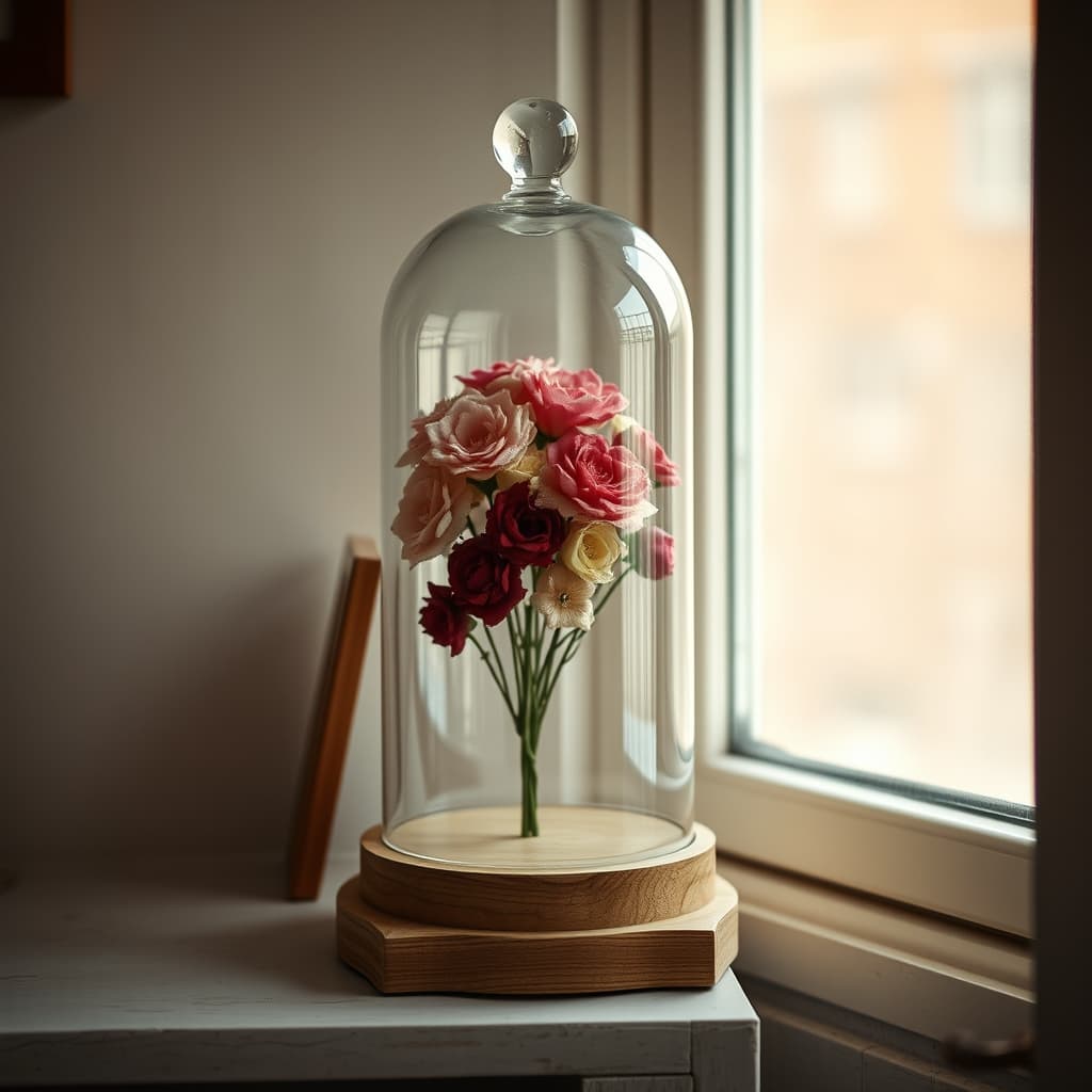 A glass dome containing fabric flowers stands on a wooden shelf beside an empty space.