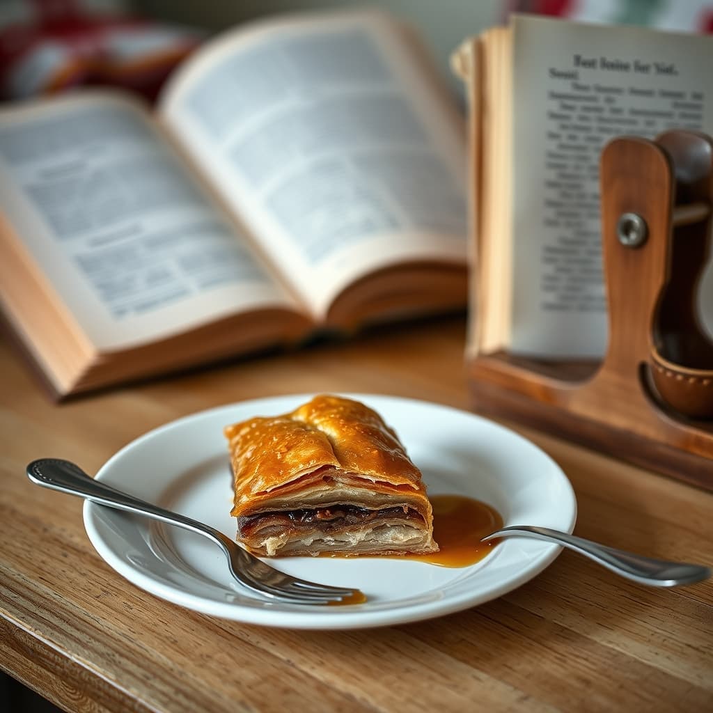 A portion of homemade baklava and a spoon sit on a small plate, with a schoolbag blurred in the background.