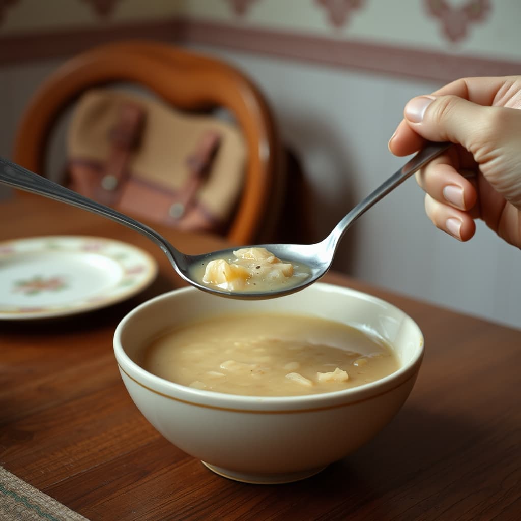 A spoon lifts a first portion of tarhana soup from a ceramic bowl with a school satchel in the background.