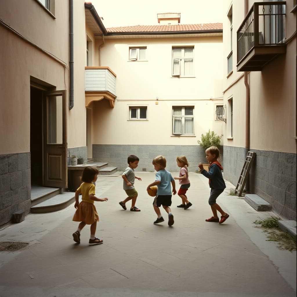 Children play a ball game in a shared courtyard while an adult watches from a doorway.