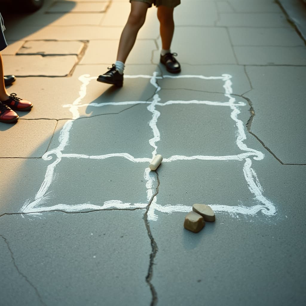 Children’s feet move across a hand-drawn hopscotch grid shaped around cracks in the pavement.