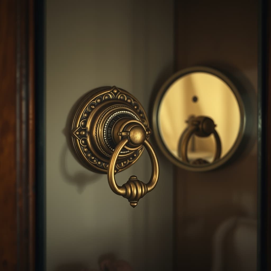 A brass door knocker rests in a glass cabinet with its rear mounting holes visible in a mirror.