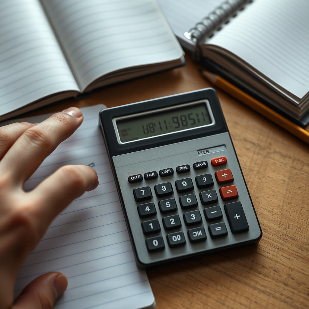 An adult hand rests beside a calculator and notebook on a modest desk.
