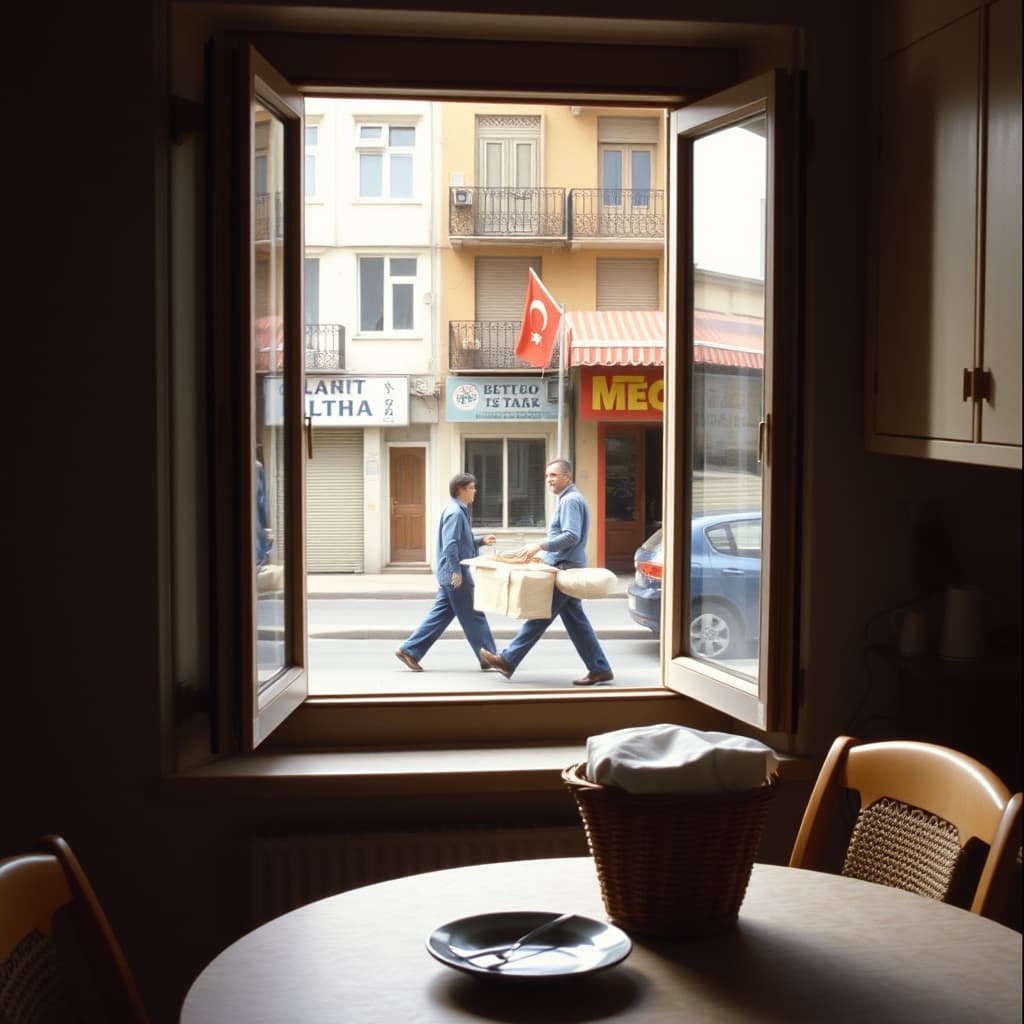 An open kitchen window overlooks a simit seller carrying a covered basket along a neighbourhood street.