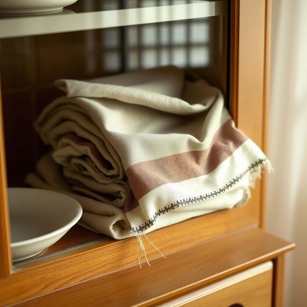 A delicate oya edge remains visible on a folded cotton headscarf bundle in a glass-front cabinet.