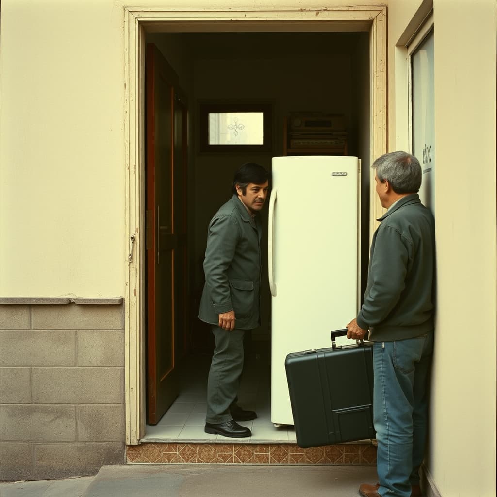 A resident opens an apartment door for a repair technician carrying a closed tool case on a clear landing.