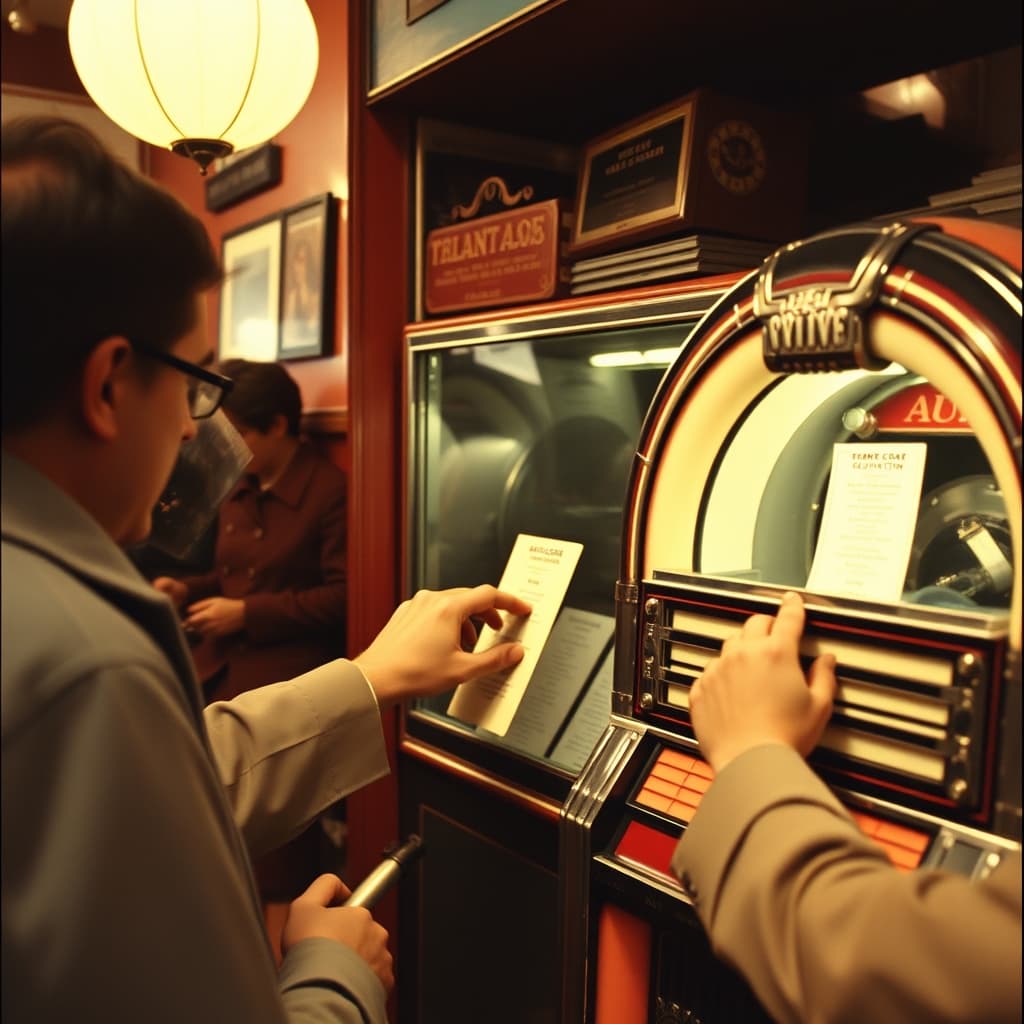 A café customer selects a song from a jukebox while other patrons wait nearby.