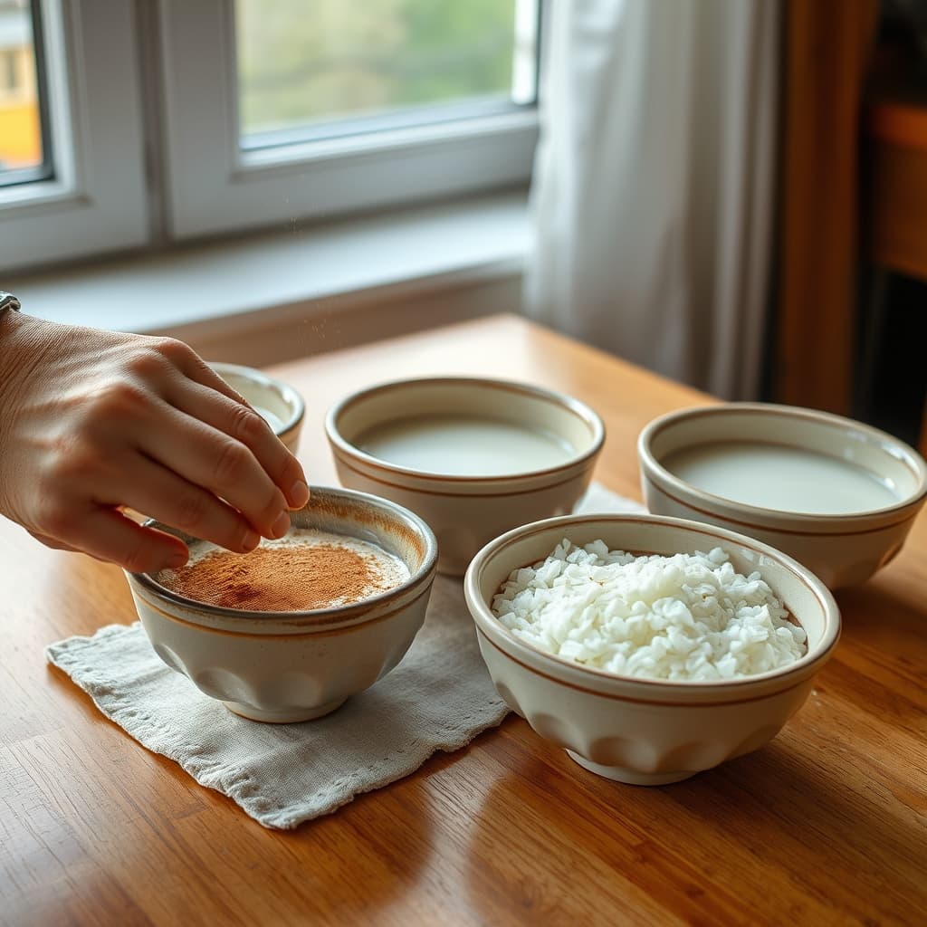 An adult sprinkles cinnamon over one bowl of cooling sütlaç while other bowls wait on the table.