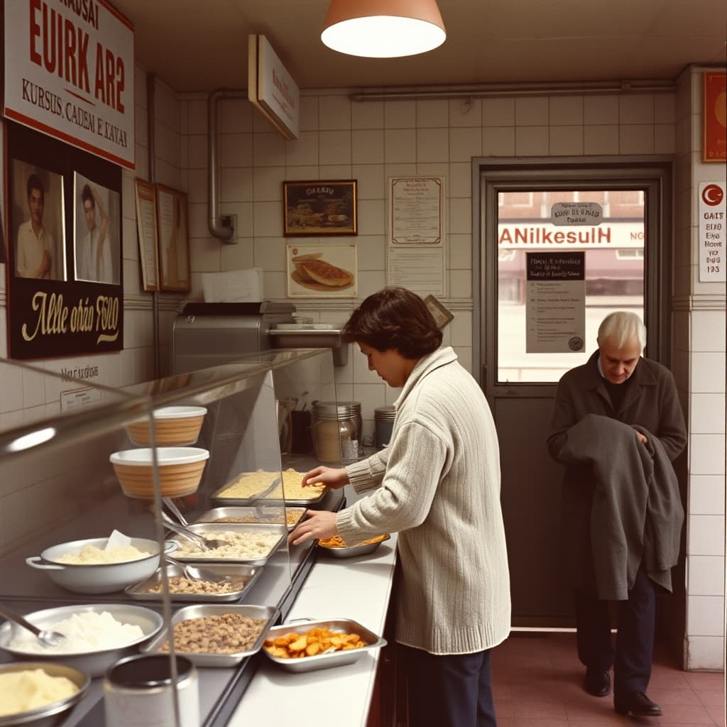 An office worker chooses a prepared dish in a small lokanta while another diner gathers a coat to leave.