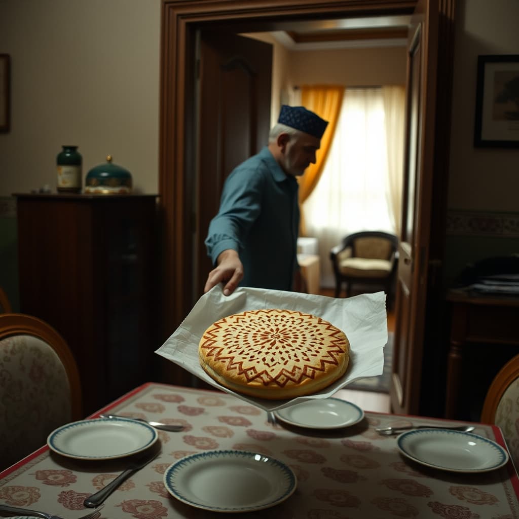 An adult carries fresh patterned Ramadan pide from a doorway towards a partially set household table.