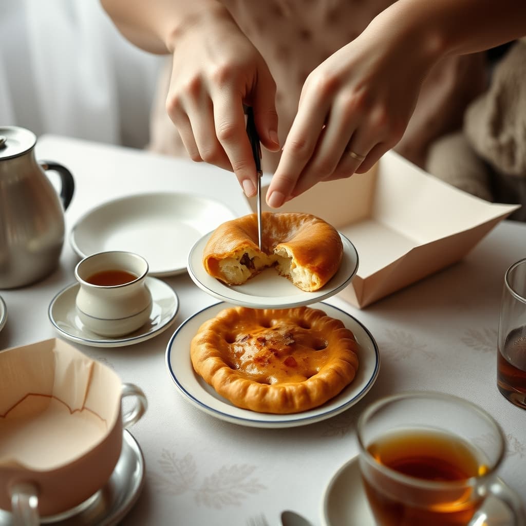 Hands split a warm cheese poğaça above a plate, revealing its crumb and filling beside tea and an open parcel.