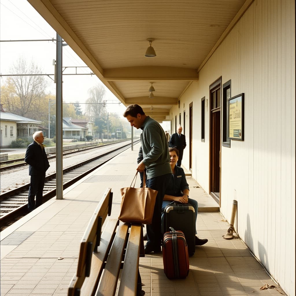 A traveller lifts a bag beside a wooden station bench while a seated companion looks up.