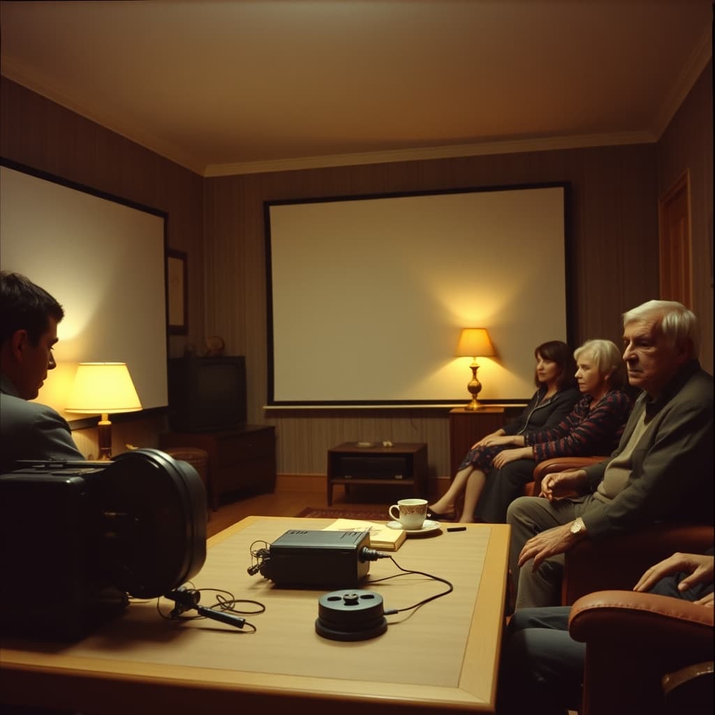 An adult sits beside a manual film rewind while family members talk after a home movie screening.