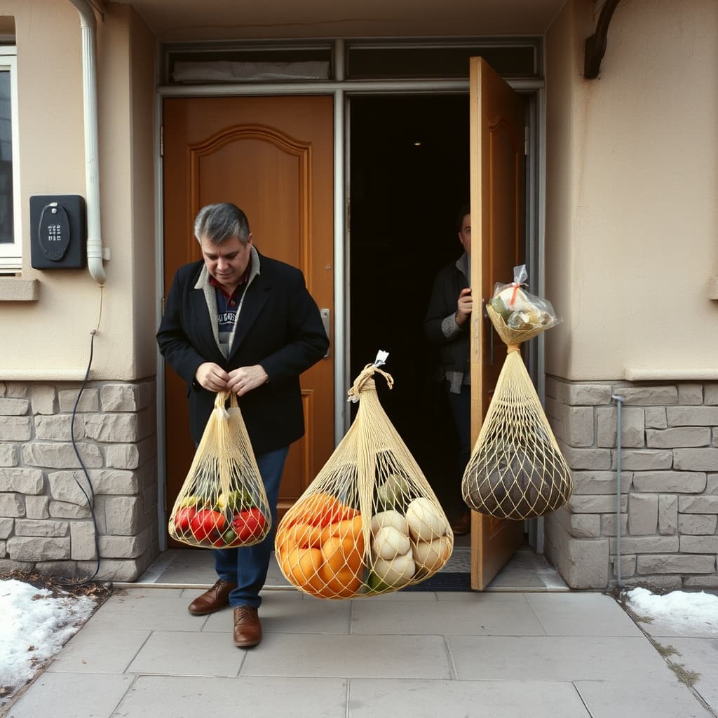 A resident holds an apartment door for an adult returning from the market with two filled string net bags.