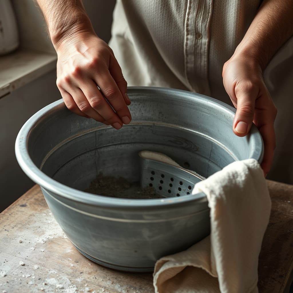 Adult hands document the dents and seams of a worn zinc basin before any cleaning.