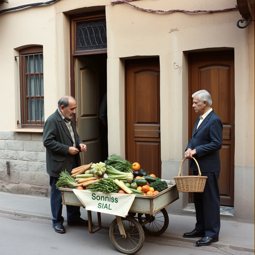 A resident steps outside towards a vegetable vendor’s handcart where another neighbour is waiting.