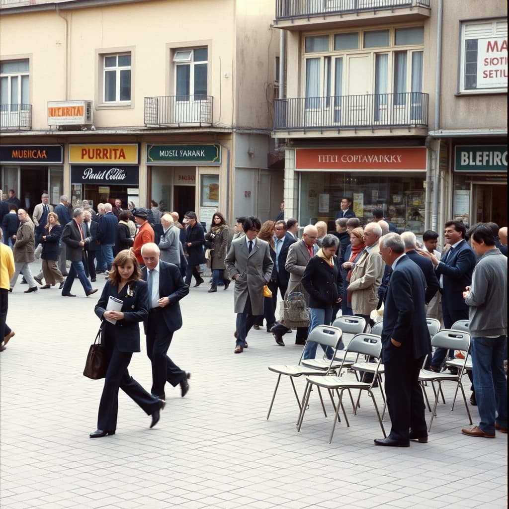 Small groups leave a city square while a worker folds temporary chairs after a public ceremony.