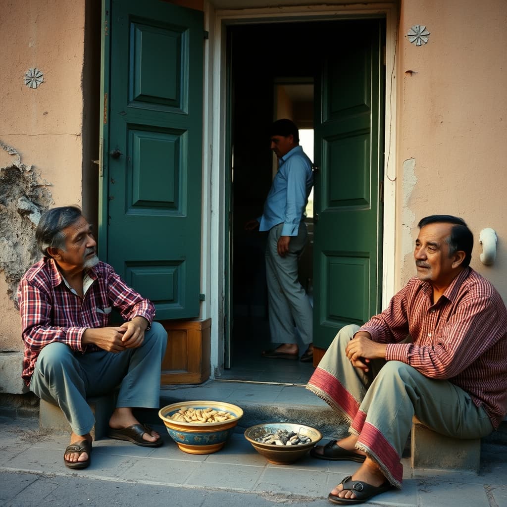 Neighbours with sunflower seeds pause their conversation to greet someone entering the apartment building.
