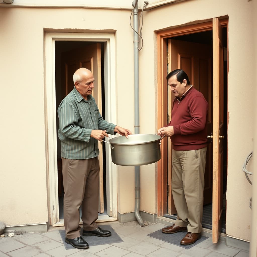 One neighbour returns a large empty metal cooking pot to another at an apartment doorway.
