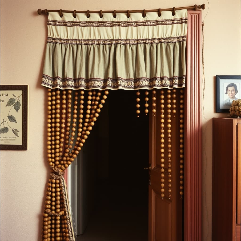An adult examines a wooden-bead curtain whose original width covers only part of a wider doorway.