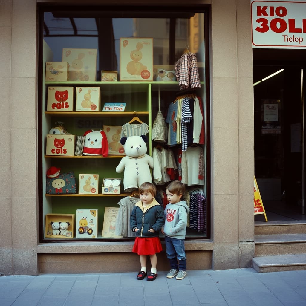 An adult and child pause at a shop window where toys and clothing are arranged at different heights.