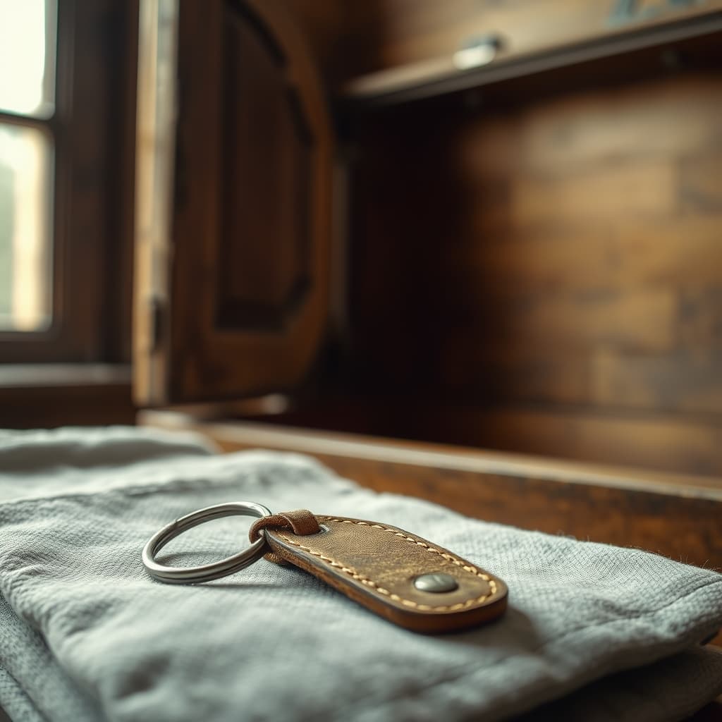 A worn metal ring with a faded leather fob, but no key, rests beside an open wooden chest.