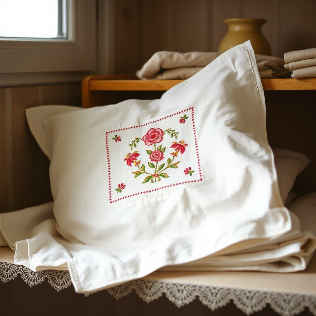 A folded white pillowcase shows a floral embroidered panel beside plain linens on a kitchen shelf.