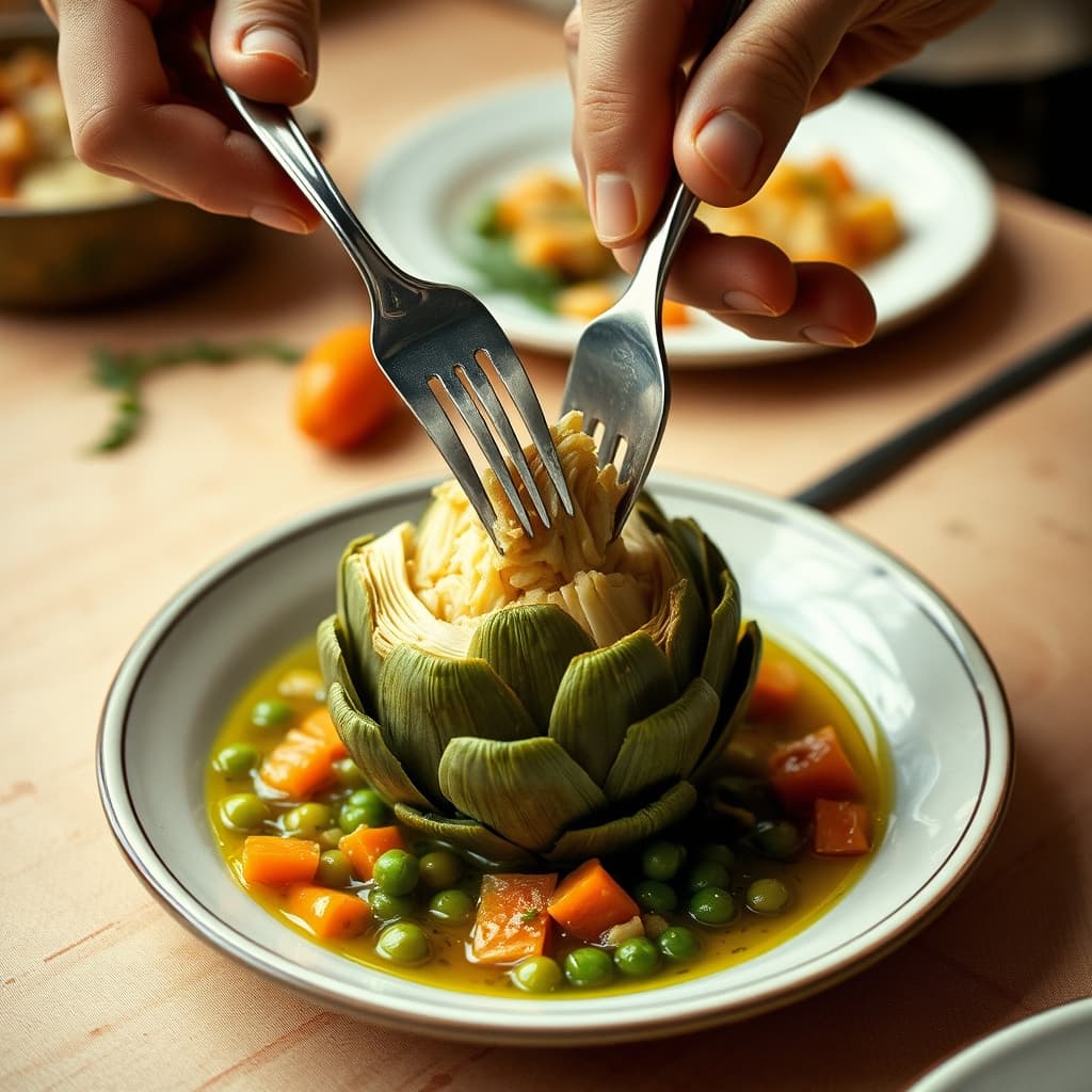 A fork cuts into an olive-oil artichoke heart topped with peas and carrots on a ceramic plate.